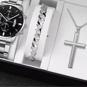 Silver Watch, Bracelet, and Cross Necklace Set